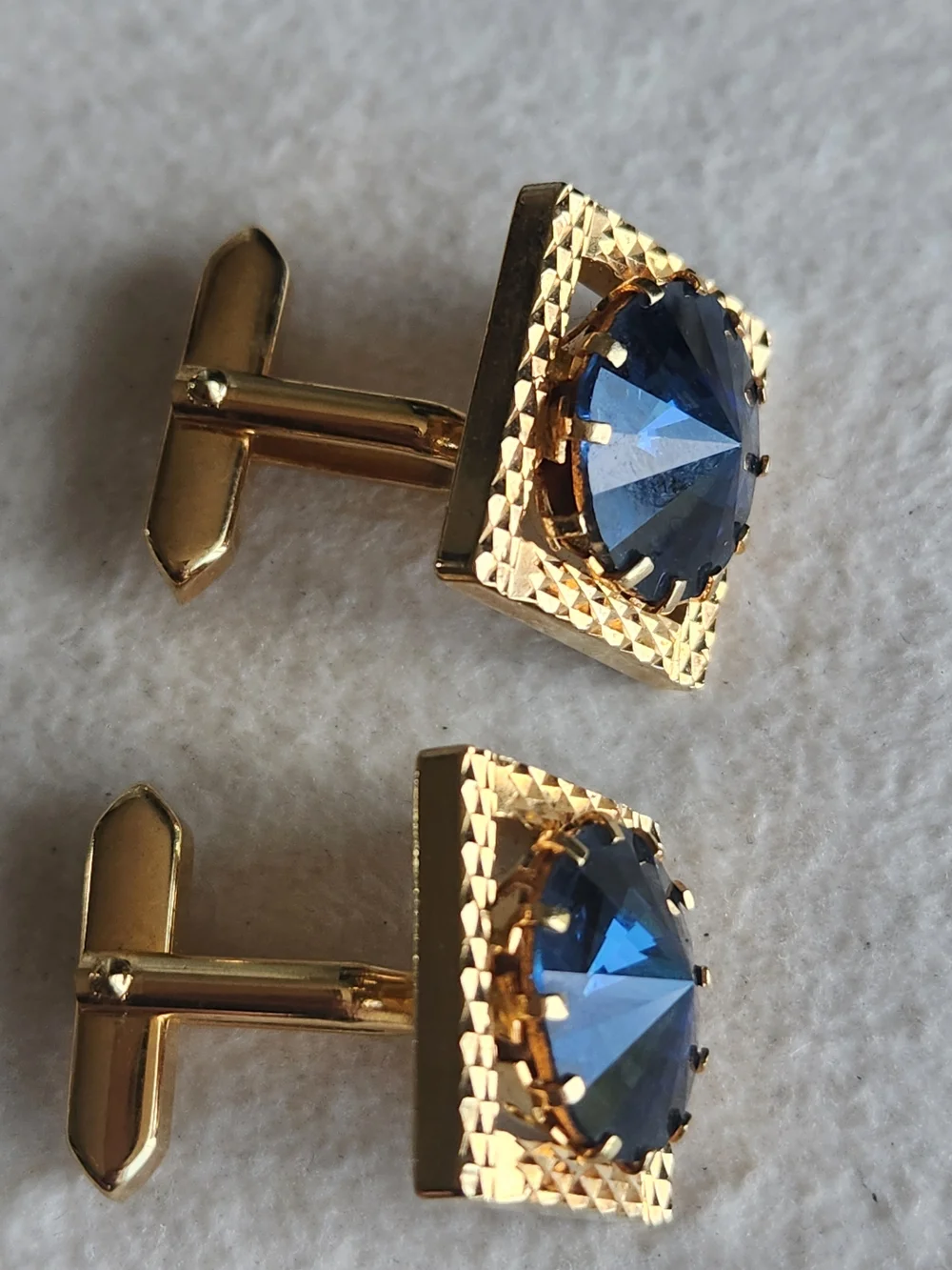 Vintage MCM Gold Square Cufflinks Sapphire Blue Rivoli Crystal Excellent